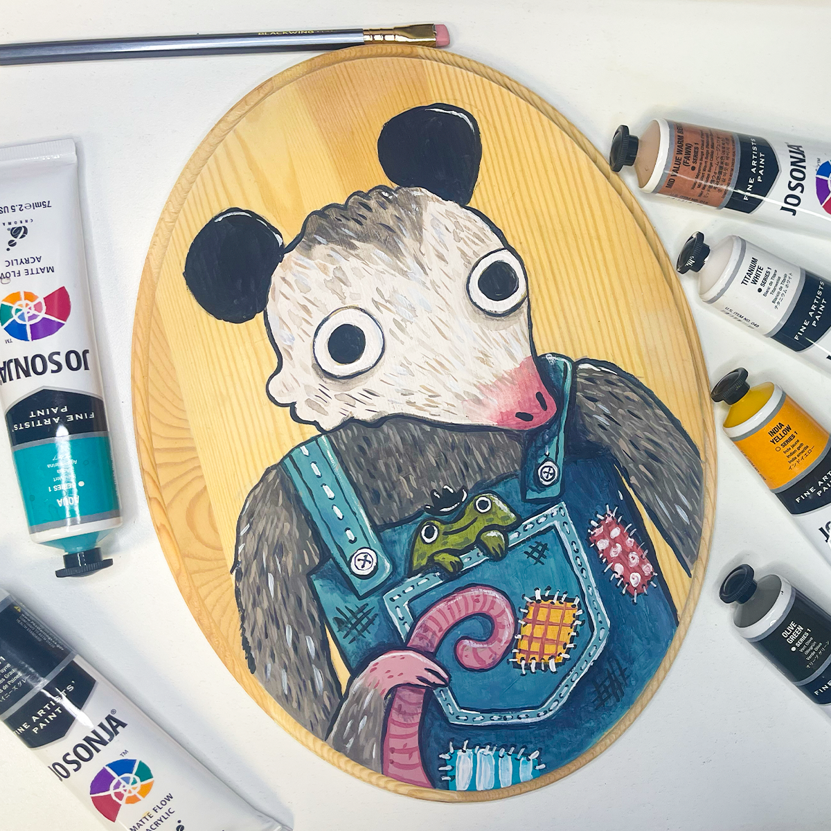 ORIGINAL Opossum and Frog on Wood Plaque